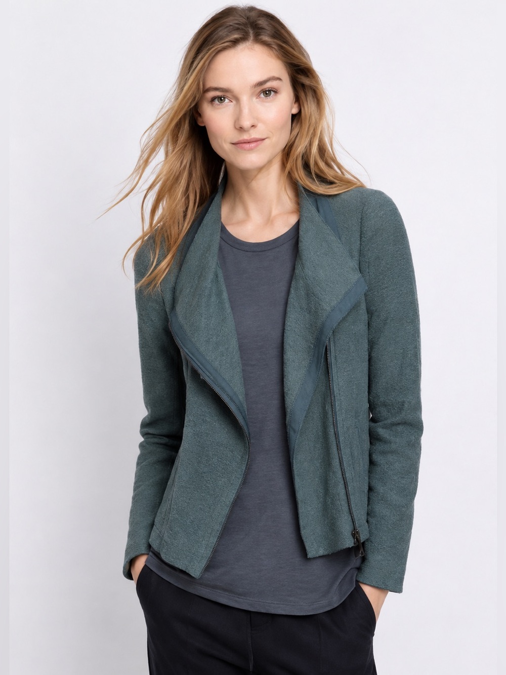 Vince Cypress Scuba Frise Moto Jacket XS Green Asymmetrical Zip Stretch Travel